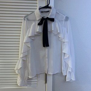 ZARA Women Ruffled Blouse With Bow 3666/181, White, Size XS